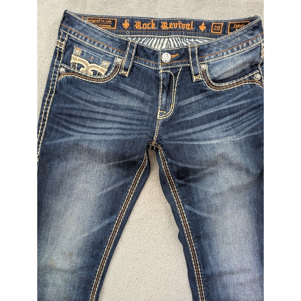 Rock Revival Womens Bootcut Jeans Blue Medium Wash Denim Embroidered Studded - Picture 2 of 16